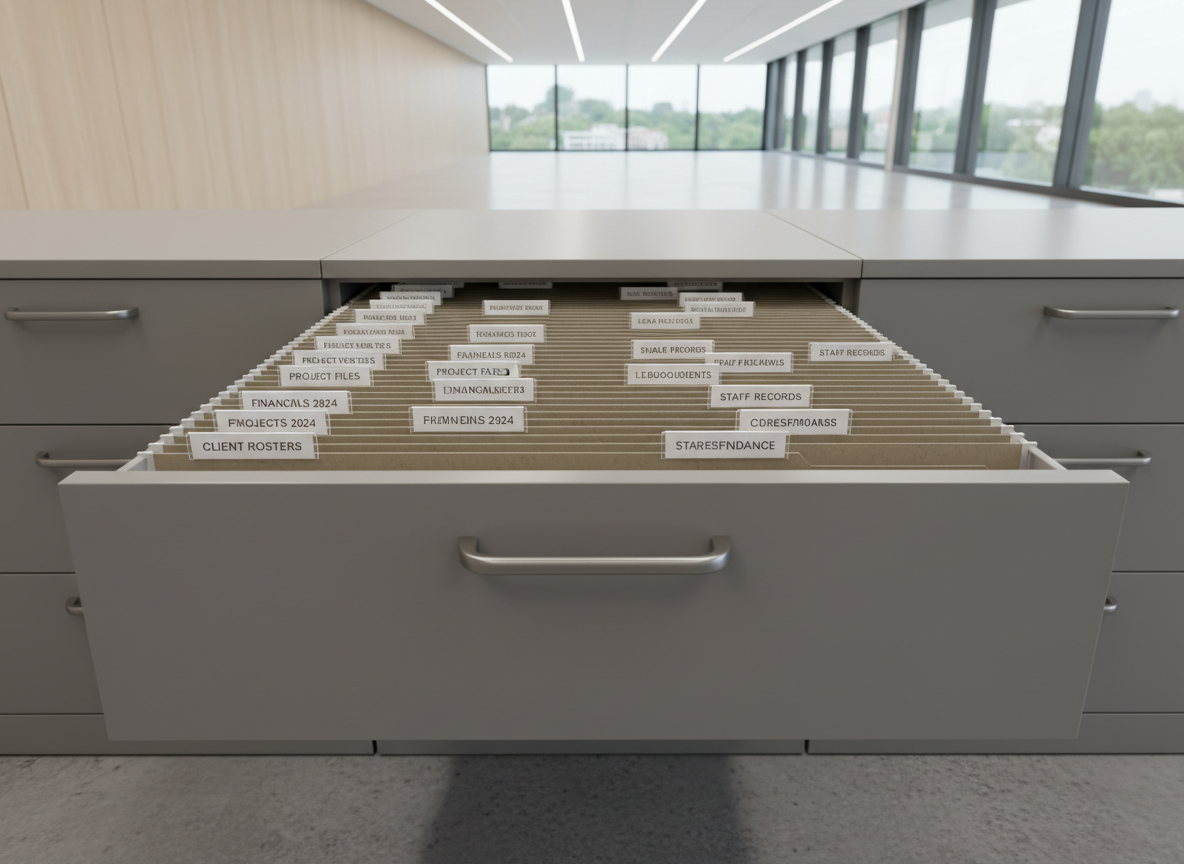 A high-resolution image of an open, organized file drawer filled with neatly labeled, taupe-colored folders, each tab marked with clear white lettering. The drawer’s brushed metal handle gleams atop a smooth matte grey filing cabinet, situated in a spacious, contemporary office environment defined by clean architectural lines and uncluttered surfaces. Soft, ambient lighting from recessed ceiling fixtures gently illuminates the folders, producing subtle gradients and soft shadows within the drawer. Captured with a centered, slightly angled top-down perspective, the composition is structured and balanced to evoke calm efficiency and trustworthy business practices.