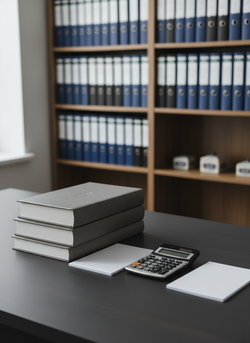 A meticulously arranged desktop featuring a stack of bound, grey leather account ledgers with subtle embossing, a gleaming silver calculator, and neat piles of crisp, white paper. The items rest on a smooth, charcoal-hued wood desk against a softly blurred background of elegant shelving lined with well-organized binders. Gentle, diffused daylight flows through an out-of-frame window, casting gentle highlights across the workspace and creating an atmosphere of order and clarity. Captured from a slightly elevated, front-facing angle with a sharp focus on the foreground, the image embraces a clean, structured corporate style, reinforcing professionalism and precision in bookkeeping.