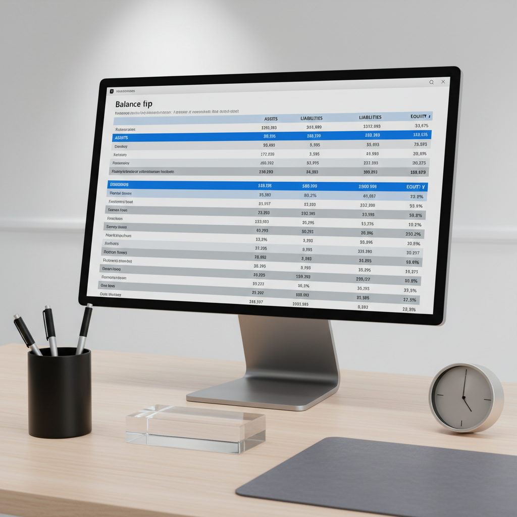 A close-up of a sleek, modern monitor displaying a detailed balance sheet in crisp, blue and grey columns, surrounded by matching minimalist desk accessories including a matte black pen holder, glass paperweight, and an understated desk clock. The monitor sits on a pale ash wood desk, with the edges of a textured, slate-colored mousepad gently visible. Subtle overhead LED lighting provides even, neutral illumination, eliminating harsh shadows and enhancing a refined, focused mood. Shot at eye level with balanced composition, the photographic realism and corporate aesthetic underscore accuracy and organized record keeping.
